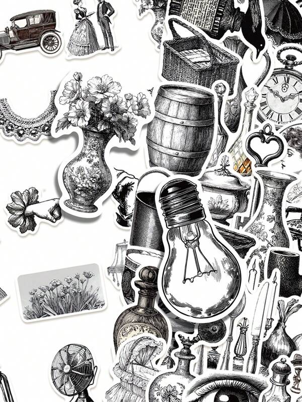 60张黑白复古贴纸，简约低调美学，适用于日记本、手机壳、平板电脑、水瓶、桌面、行李箱，防水贴纸