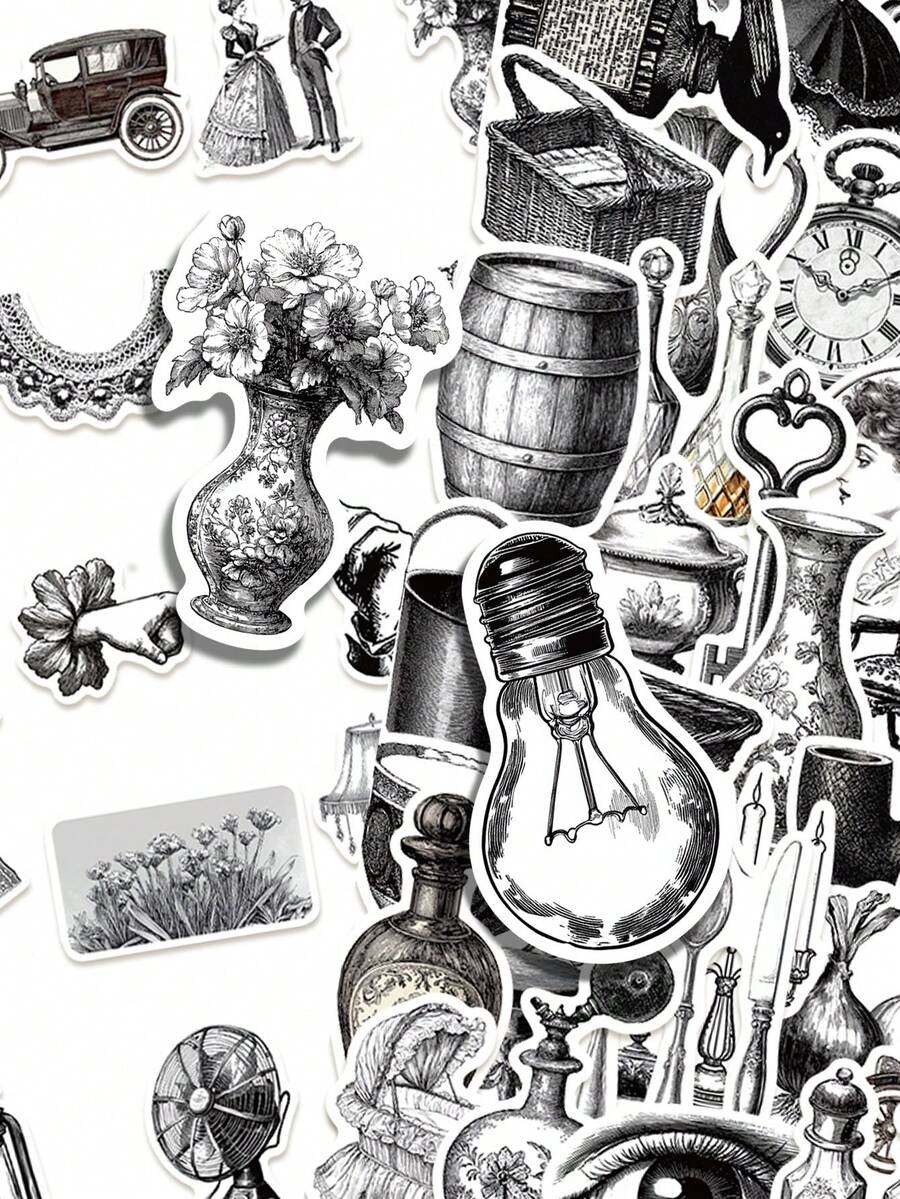 60张黑白复古贴纸，简约低调美学，适用于日记本、手机壳、平板电脑、水瓶、桌面、行李箱，防水贴纸 - 彩色 - 查看 1