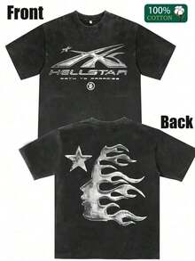Double-Sided Digital Flame Face Printed T-Shirt With "" Motif Breathable T-Shirt |   Avant-Garde Casual Wear 1Pcs Casual Soft Short Sleeve Pure 100% Cotton 220gsm ETLF - 黑4 - 查看 6