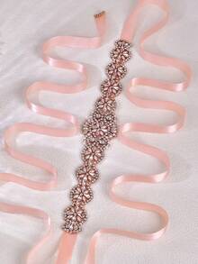 1pc Long Wedding Dress Sash, Formal Wear Crystal Waist Belt, Handmade Bridal Accessory, Holiday Gift, Bridesmaid Sash, Holiday Costume Accessory - Retro Pink Ribbon - View 6