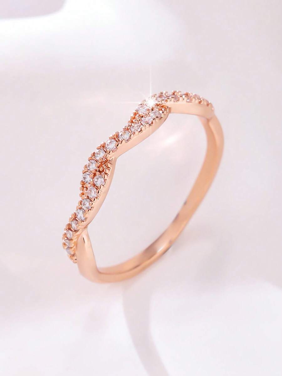 1pc Elegant Sparkling Criss-Cross Design Cubic Zirconia Eternity Ring, Ideal Gift For Mother's Day, Valentine's Day, Christmas, New Year, Engagement, Wedding, Anniversary Or Birthday - Rose Gold - View 1