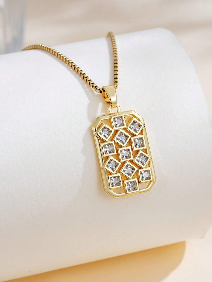 1件金色不锈钢镀层立方氧化锆镶嵌方形复古设计休闲派对项链吊坠（OPP袋包装） - 金黃色 - 查看 1