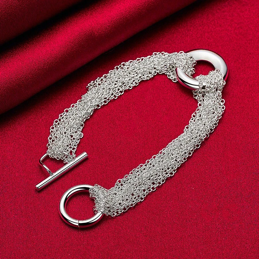 925纯银镀层多链圆环手链，男女皆宜，适合婚礼、订婚、派对等场合佩戴，时尚饰品 - 銀色 - 查看 1