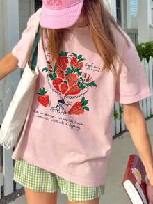 女士夏季新款简约字母、水果、草莓和花朵印花休闲度假宽松百搭圆领粉色短袖T恤，时尚日常上衣，适合日常度假穿着。女士粉色T恤。 - 粉色 - 查看 1