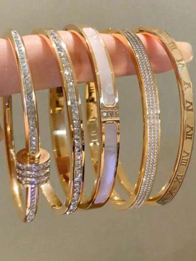 Women's Stainless Steel 18K Gold Plated Bracelet Set - Cubic Zirconia, Roman Numeral Design Low Allergy Stackable Bangle, Ideal Birthday & Anniversary Gift
