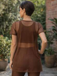Tulle Gym Blouse With Short Sleeves And Overlay - Sapphire - 鏽棕色 - 查看 2