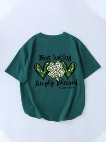 T-shirt pull à col rond, manches courtes, imprimé lettres colorées, design pour la Saint-Patrick, style décontracté. Nouvelle arrivée printemps/été pour filles - Vert - Voir 3