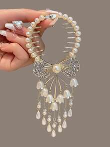 1件装女士珍珠水钻蝴蝶花朵发夹，优雅新娘婚礼派对发饰 - 金色 - 查看 2