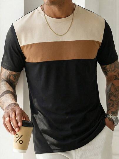 Summer New Men's Colorblock Striped Patchwork Short Sleeve Casual T-Shirt, Suitable For Summer Wear, Comfortable & Breathable, Leading Fashion