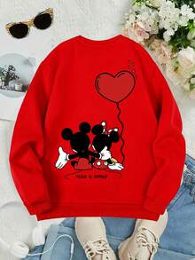 This Disney Girls' Sweatshirt Features A Creative Valentine's Day Design With Mickey And Minnie Mouse Heart-Shaped Prints On Both Sides. It's A Round Neck Sweatshirt Perfect For Autumn And Winter, Made Of Soft And Comfortable Fabric, Suitable For Everyday Wear, Shopping, School, And Casual Occasions. It Makes A Wonderful Gift! - 紅色 - 查看 3