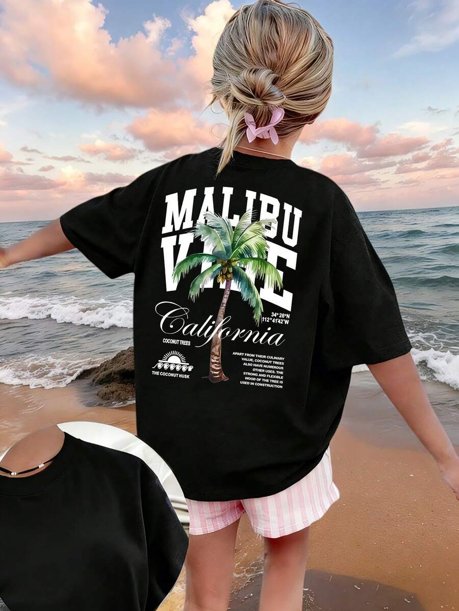 Tween Girl Casual Funny Print Crew Neck Short Sleeve T-Shirt Top, Summer - Black - View 1