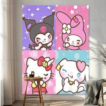 1 Tấm thảm treo tường Sanrio Hello Kitty Kuromi My Melody Cinnamoroll, tranh nghệ thuật lưới 4 màu, chất liệu vải polyester mềm mại, thích hợp trang trí phòng ngủ và phông nền tiệc. - Nhiều màu - Xem 2