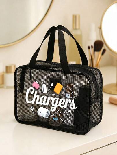 New Charger And Earphone Graphic Pattern Black Mesh Nylon See-Handheld Bag,Women Toiletry Bag, Portable Travel Essential Beach Bag For Towel, Toothpaste, Toiletries, Simple & Elegant For Home & Travel,Gifts For Women,Gift Ideas For Women,Pouch,Makeup Pouch,Travel Essential