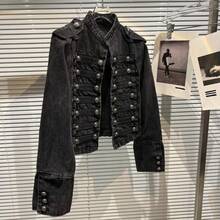 Chaqueta corta de mezclilla lavada con diseño de hebilla de costillas de metal clásico - Negro - Ver 7