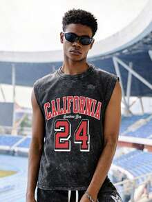 EVRINFINITE 卓天喜 - 男士水洗“篮球风格 - 篮球传奇24”做旧圆领背心 - 黑色 - 查看 1