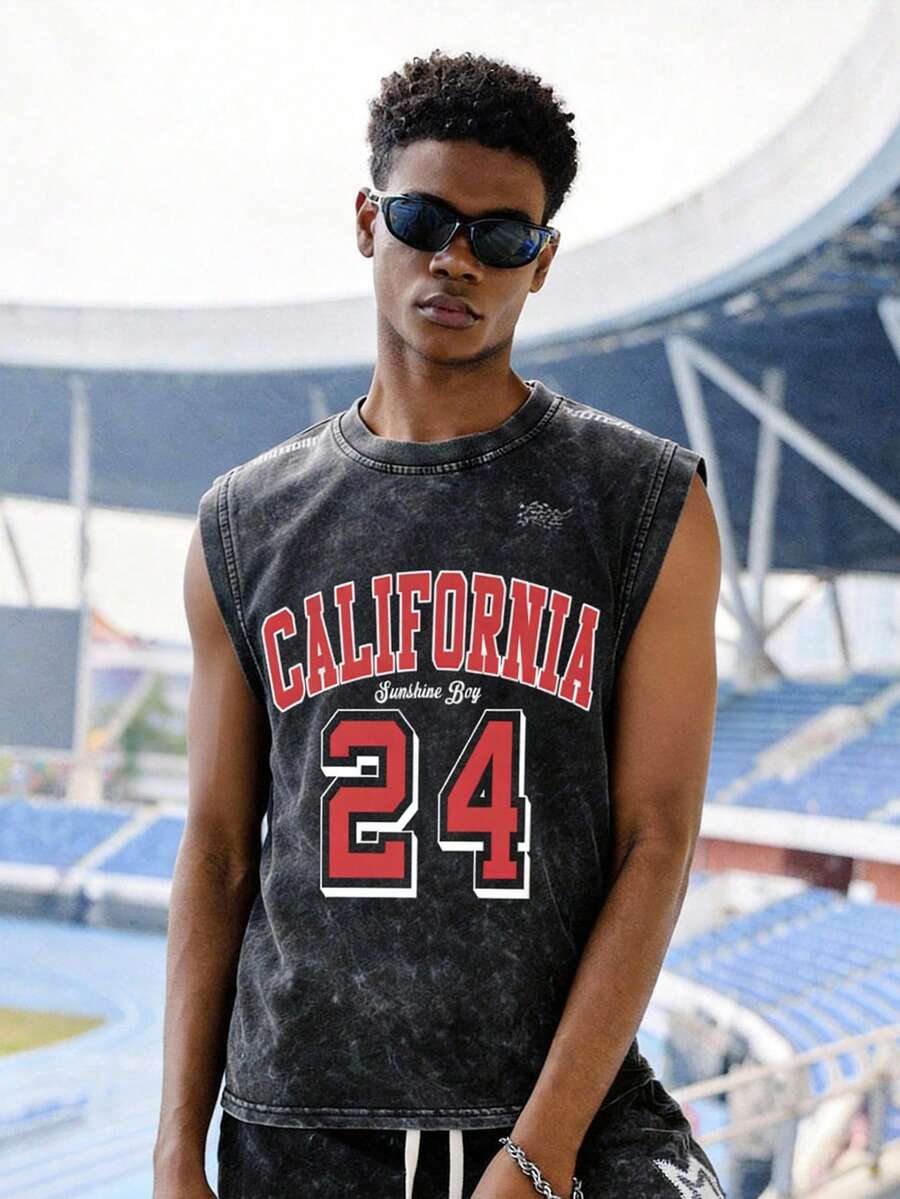 EVRINFINITE 卓天喜 - 男士水洗“篮球风格 - 篮球传奇24”做旧圆领背心 - 黑色 - 查看 1