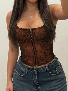 Apperloth A Y2K Style Bustier Crop Top, Floral Lace Embroidery, Steel Boned Waist Cincher, Women's Square Neck Mesh Hook Front Wide Strap Backless Tie Chest Cropped Top, Music Festival Rave - Brown - View 4