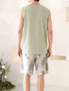 [AICJ Sleepwear]2pcs Men's Casual Loose Solid Basic Vest Top With Cartoon Letter & Bear Print, And Shorts Pajama Set, Suitable For Spring & Summer Wear - Mint Green - View 2