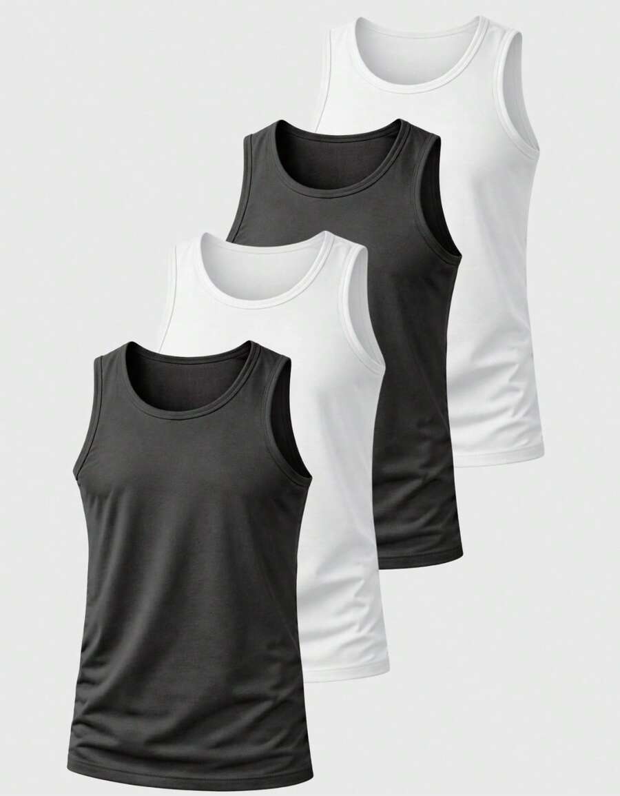 Kit 04 Men's Cotton Tank Top Shirt Comfortable Basic Plain - Black and White - View 1