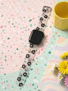 Bracelet de montre en silicone pour femme, style décontracté et jeune, compatible avec Apple Watch (38 mm, 40 mm, 41 mm, 42 mm, 44 mm, 45 mm, 46 mm et 49 mm). Base transparente ornée de fleurs multicolores. Bracelet de rechange pour montre connectée, idéal pour un usage quotidien et les activités de plein air. Un cadeau parfait pour vos proches. - Noir et Blanc - Voir 3