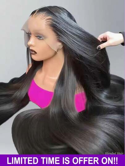 200% 密度 32 英寸自然黑直发 13X4 透明蕾丝前假发，带婴儿发，优质直发假发，适合日常佩戴，自然柔软，适合长发女性的时尚混纺假发