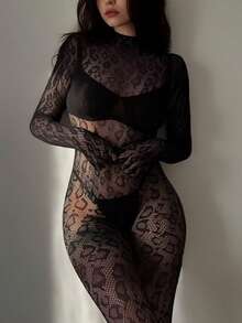 Sexy Lace Leopard Print Bodysuit, Women's Fishnet Tight Bodysuit, Neon Party Nightclub Outfit, Poster Mesh Full Body Carnival Costume Bikini Cover Up - Black - View 1