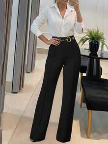 Quần ống đứng màu trơn có khóa kéo dành cho nữ, thanh lịch, phù hợp cho công sở và đi làm, màu đen mùa xuân. - màu đen - Xem 2