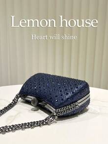 1pc Navy Blue Sparkling Rhinestone Clutch Bag, Luxury Elegant Box-Shaped Purse, Suitable For Evening Party, Wedding, Cocktail Party, Carnival, Gala And Other Occasions For Ladies - Navy Blue - View 7