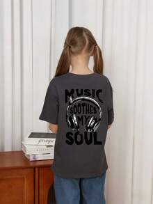 Tween 女童休闲图案印花圆领短袖 T 恤，夏季上衣 - 深灰色 - 查看 2