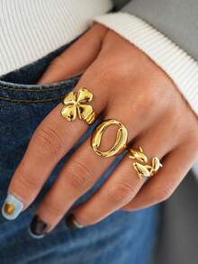 Frminee 3pcs/1pc Women's Gold-Plated Stainless Steel Ring Set, Stackable Ring Set, Four-Leaf Clover Geometric And Dolphin Design, Fashionable Jewelry, Waterproof For Summer Beaches - Gold - View 8