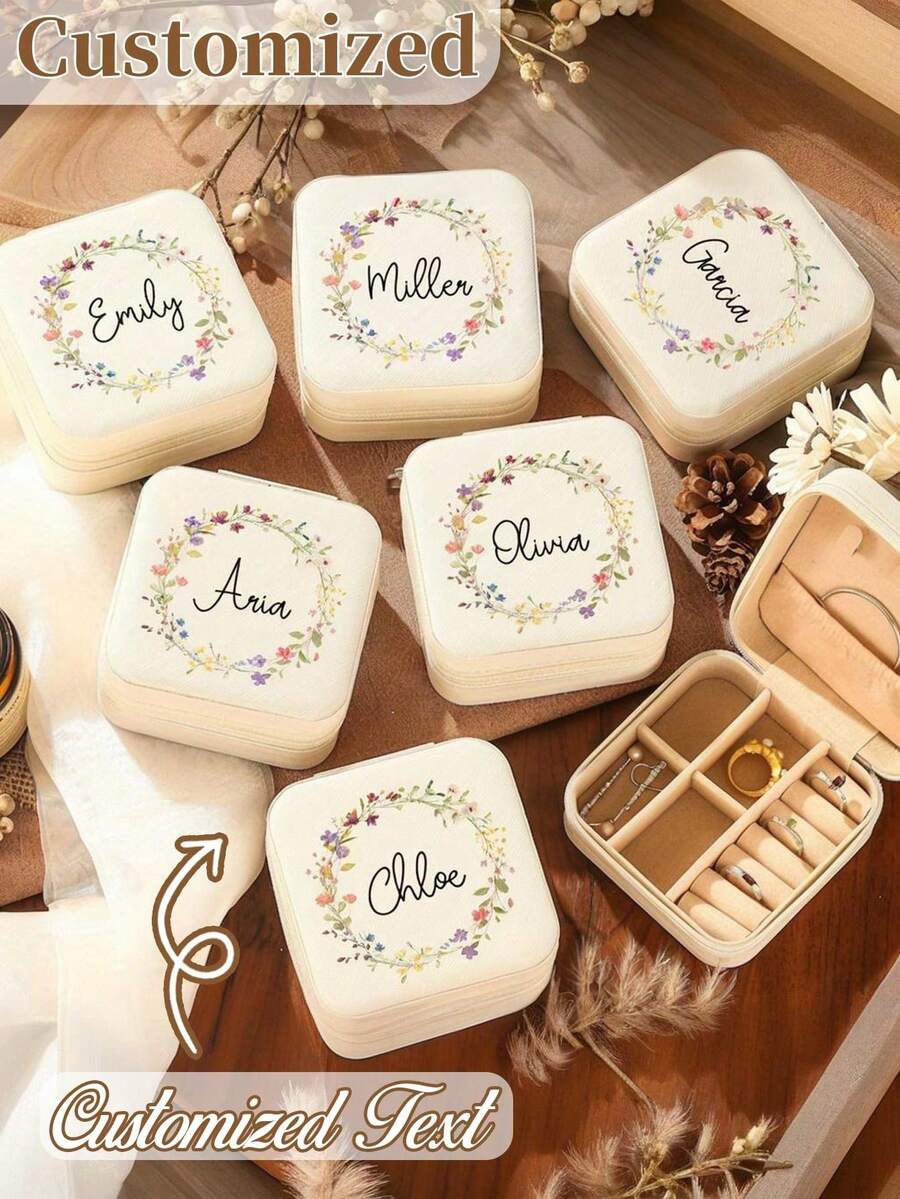 Personalized Name Jewelry Box, Custom Classic Rectangle Fabric-Lined Travel Case With Zipper Closure And Cufflink Compartment,Bridesmaid Gift Box
