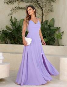 Yasmin Long Halter Neck Dress With Ruffled Neckline - 紫丁香色 - 查看 3