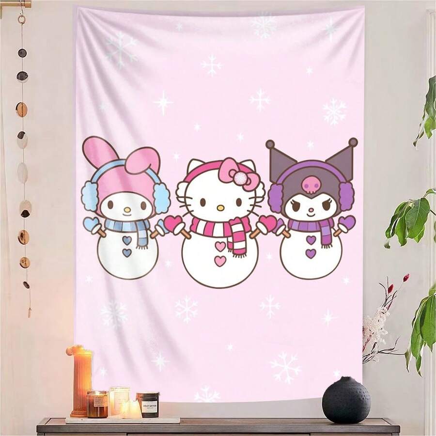 SANRIO 1件三丽鸥卡通人物雪人挂毯，Hello Kitty My Melody Kuromi 冬季墙饰，可爱粉色雪花装饰，适用于卧室和宿舍 - 彩色 - 查看 1
