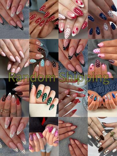Instantly Upgrade Your Look With 24pcs/48pcs/72pcs/96pcs Medium Almond Shape Press-On Fake Gel Nails Randomly Shipped Vintage Elegant Polka Dot Design Press-On Nails Full Coverage Fake Nail Tips For Women And Girls Includes 1/2/3/4sheet Adhesive Tabs & 1/2/3/4pcs Mini File Strip Jelly Gel Random Shipment