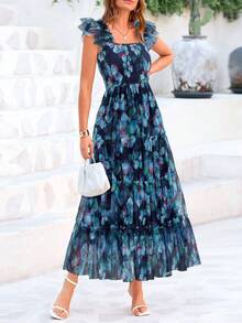 Women's Summer Mid-Length Dress Casual Sleeveless Pleats Ruffled Tulle Flowing New Year Party Wedding Guest Graduation Sundress - 藏藍底藍花 - 查看 3
