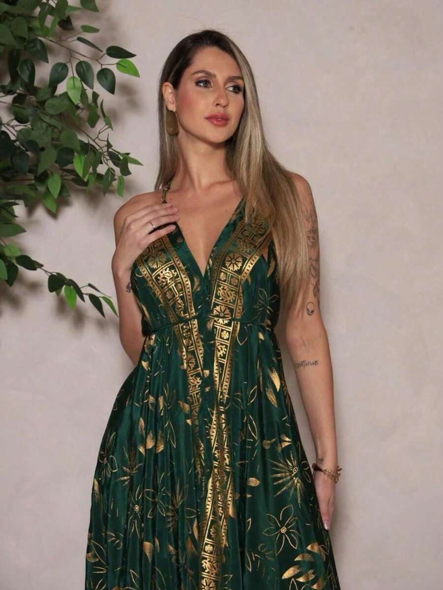 Elegant White Long Dress For Women In Printed Silk - Green - View 1
