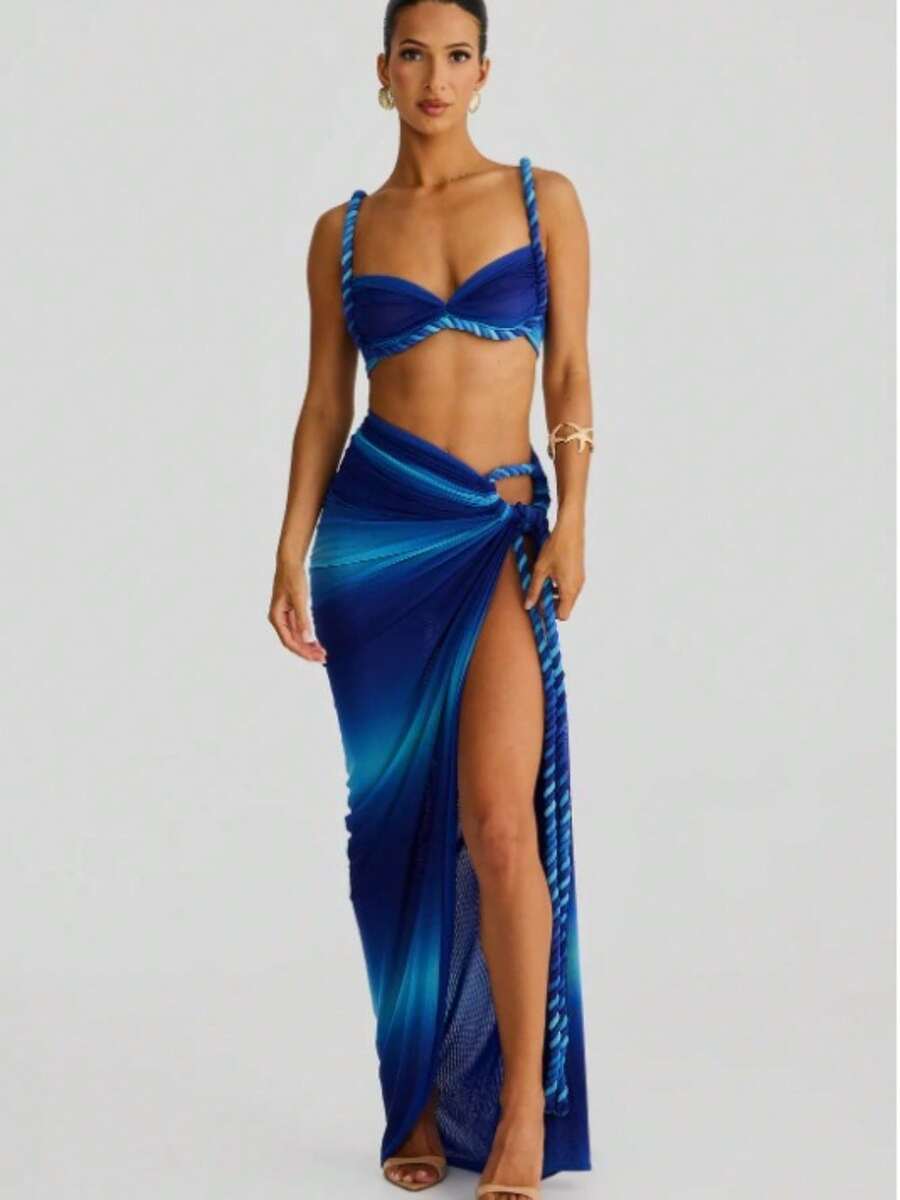 Temperament Comfortable Beach Vacation Wind Twist Suit Female Sexy Halter Suspender Hip High Split Skirt Suit - 藍色 - 查看 1