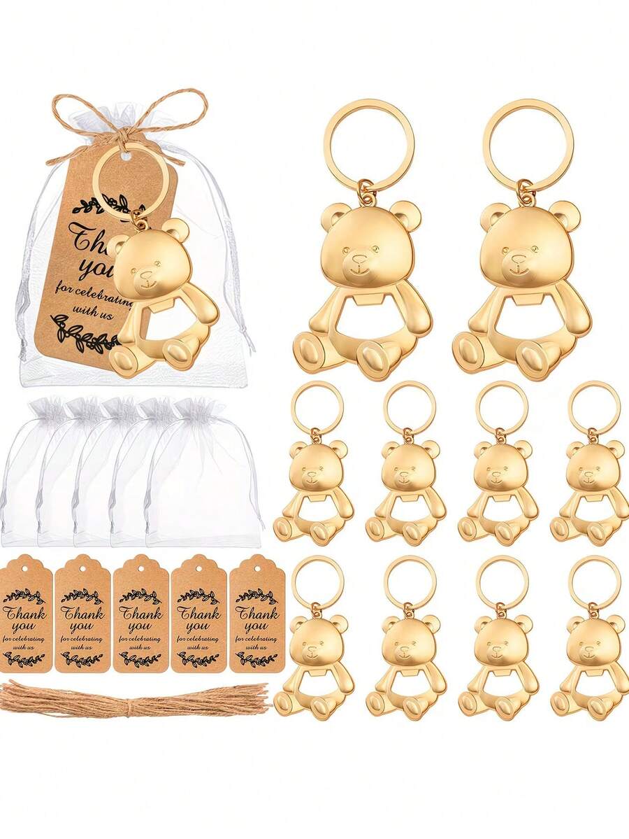 20/12件套金色小熊开瓶器套装，包含沙袋、绳子和感谢卡，适用于生日派对、礼品活动、情人节礼物、厨房和酒吧用品、派对礼品 - 查看 1