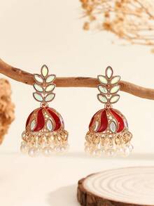 1 Đôi bông tai kiểu Bohemian thanh lịch hình lá đính pha lê và tua rua ngọc trai giả, kiểu dáng hoa văn độc đáo (Jhumki), thích hợp cho phụ nữ và bé gái đeo hàng ngày, dự lễ hội, đám cưới và tiệc tùng/Quà tặng trang sức - Cổ điển - Xem 2