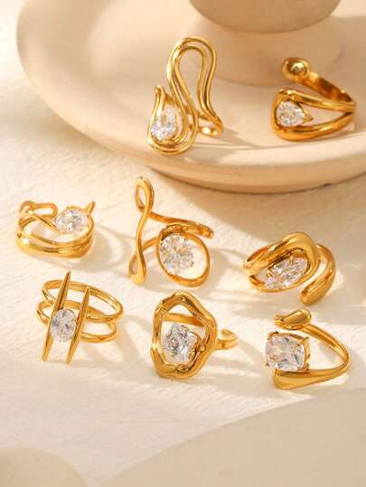  1pc Fashionable Luxury Stainless Steel Asymmetric Geometric Cubic Zirconia Ring, Suitable For Daily Wear, Party, Birthday, Engagement And Other Occasions