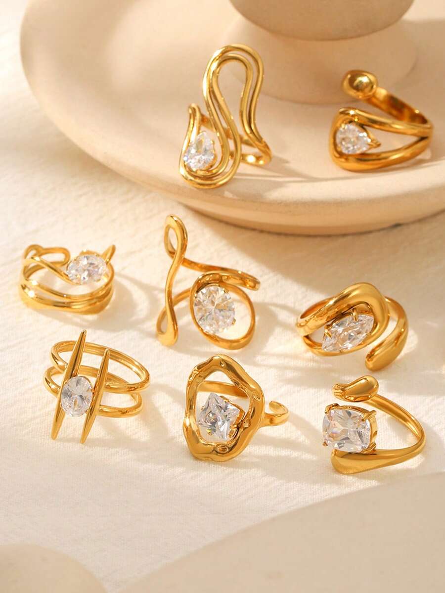 1枚时尚奢华不锈钢不对称几何立方氧化锆戒指，适合日常佩戴、派对、生日、订婚等场合。 - 金色 - 查看 1