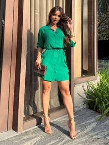 Button-Down Shirt Dress With Sash. - Verde - Ver 1