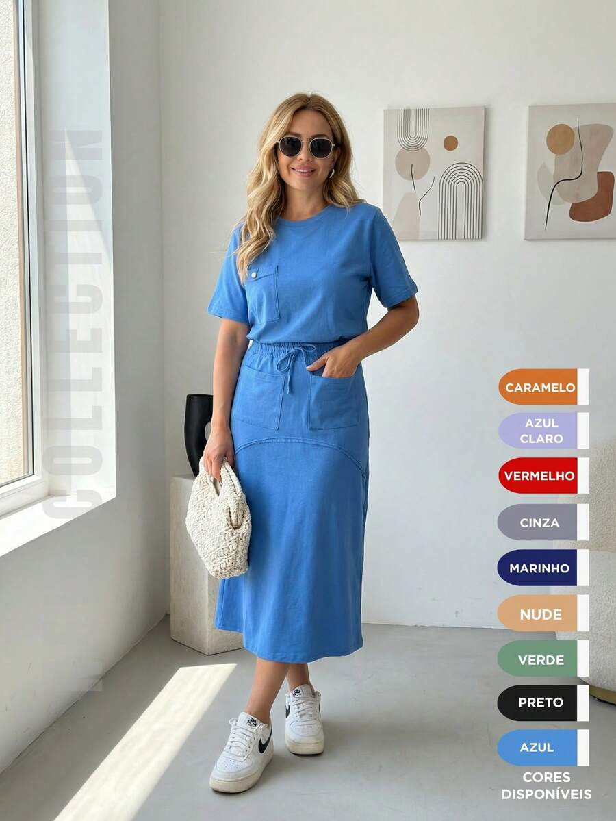 100% Cotton Mesh Skirt Set With Elastic Waist Lining Short Sleeve Women's Fashion Stylish Modern T-Shirt Adjustable Evangelical Fashion - 藍色 - 查看 1