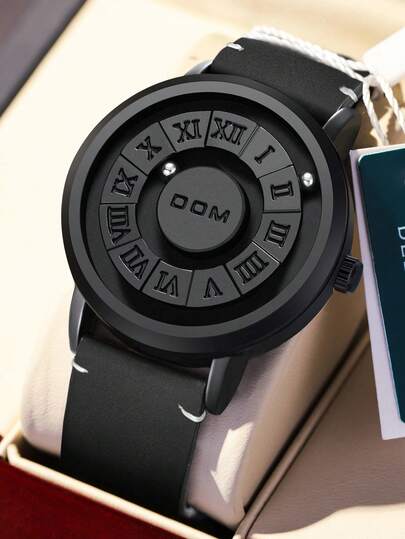 DOM 1pc Men's Watch, Retro Style Roman Numeral Dial Quartz Waterproof Wristwatch, Unique Magnetic Levitation Technology, Leather Strap And Steel Strap, Suitable For Gifts And Daily Wear