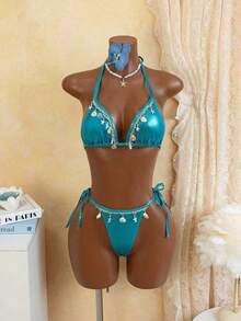 Sultry Sol Women's Summer Solid Shiny Fabric Shell & Starfish Random Quantity Decor Side Tie Pants, Triangle Halter Bikini Set - Blue - View 10