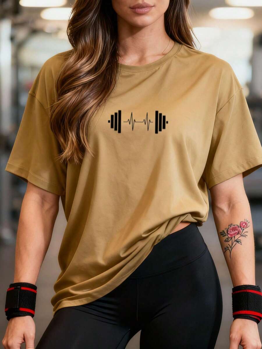 Women's 100% Cotton T-Shirt/Blouse, Oversized, For Training, Walking, Crossfit, Gym, Weightlifting, Fitness, Cardio, Comfortable, Lightweight, And Refreshing Fabric - 卡其色 - 查看 1