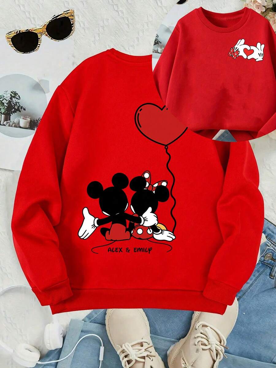 This Disney Girls' Sweatshirt Features A Creative Valentine's Day Design With Mickey And Minnie Mouse Heart-Shaped Prints On Both Sides. It's A Round Neck Sweatshirt Perfect For Autumn And Winter, Made Of Soft And Comfortable Fabric, Suitable For Everyday Wear, Shopping, School, And Casual Occasions. It Makes A Wonderful Gift! - 紅色 - 查看 1