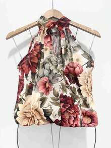 Stylish Women's Floral High Neck Blouse - Red - View 3