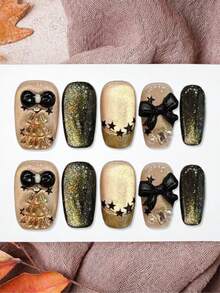 10片装星形蝴蝶黑金3D蝴蝶结美甲贴片，时尚女士派对节日佩戴，手工制作。 - 金色 - 查看 1