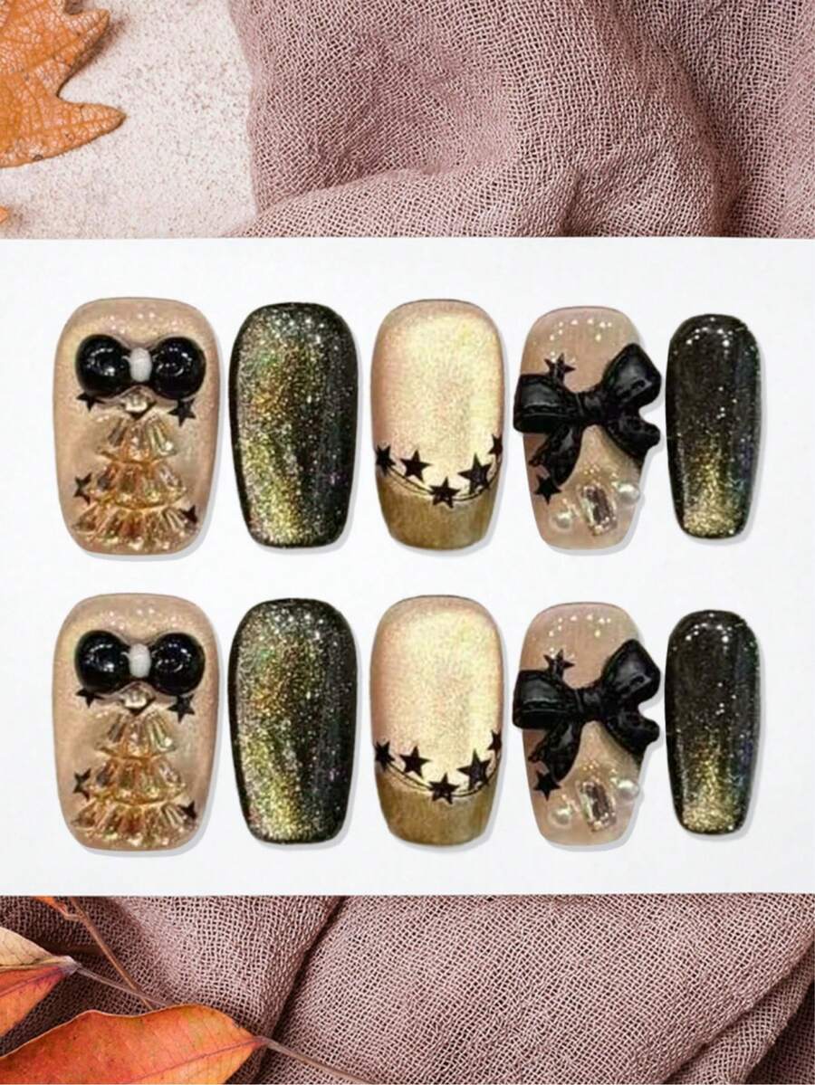 10片装星形蝴蝶黑金3D蝴蝶结美甲贴片，时尚女士派对节日佩戴，手工制作。 - 金色 - 查看 1